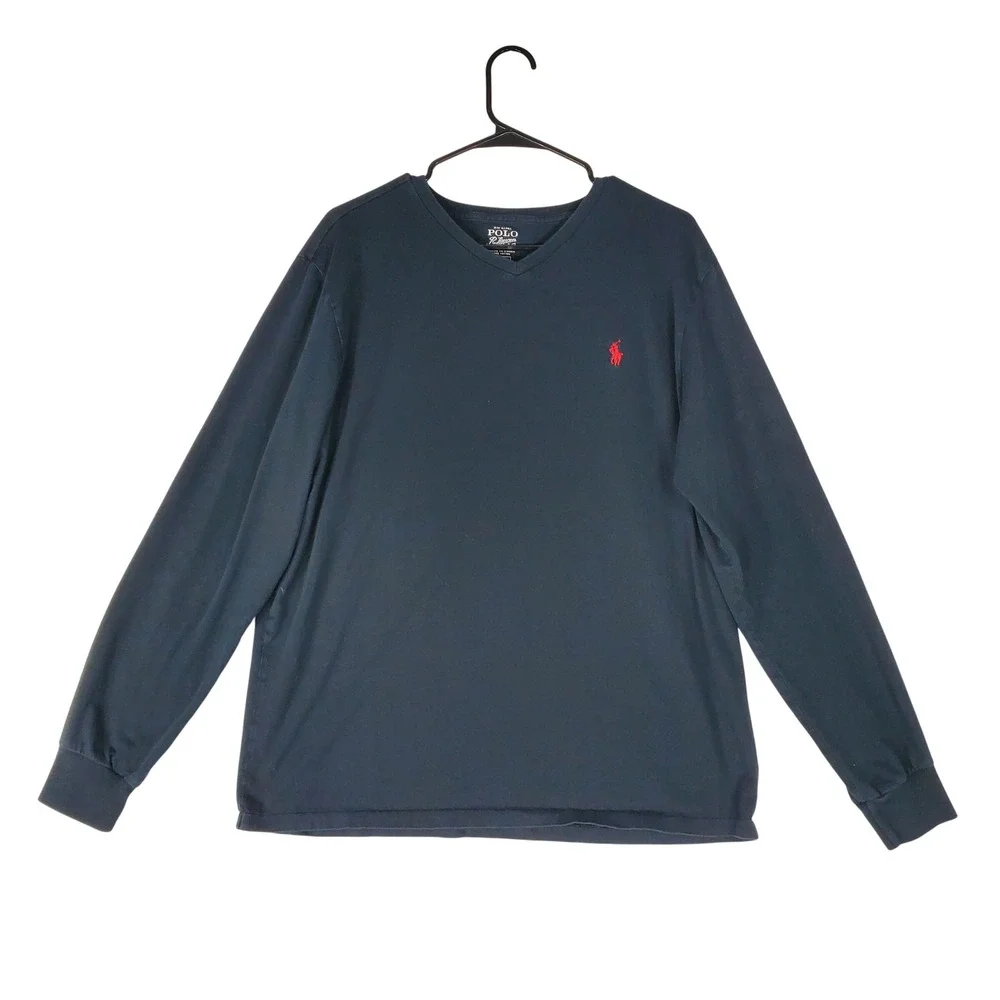 Polo Ralph Lauren Mens V-Neck Long Sleeve T-Shirt Black Red Pony Size L